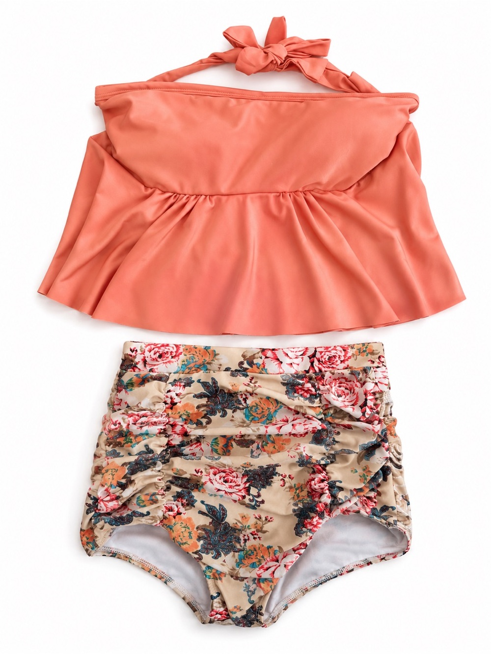 Amazon Coral Tankini Top with Floral High-Waist Bottoms